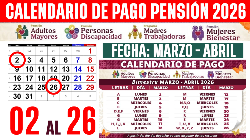 CALENDARIO DE PAGO Pension Adultos Mayores y Mujeres 60-64 MARZO 2026 Letra por Letra 02 al 26