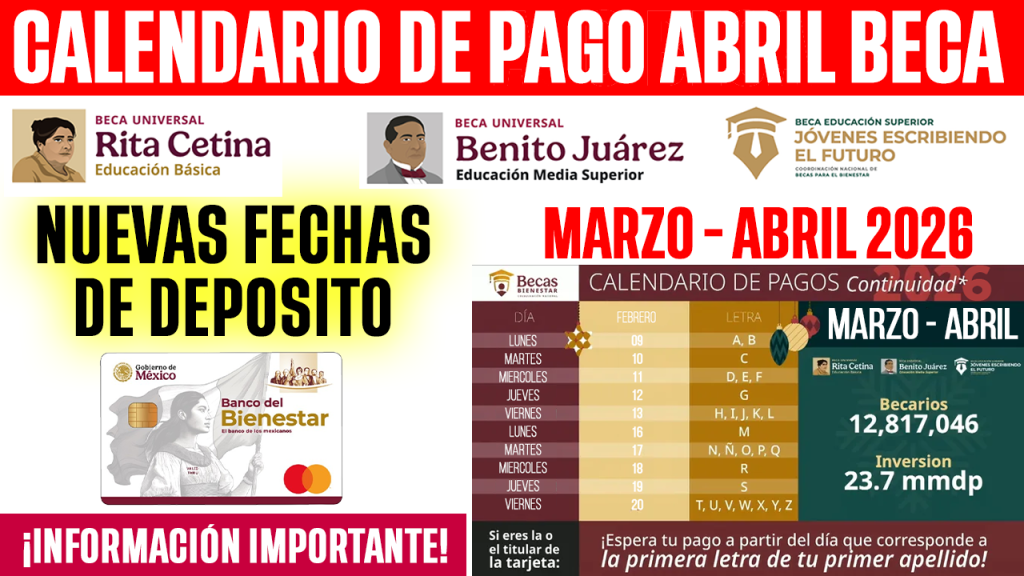 CALENDARIO de PAGO Abril Beca Benito Juarez, Rita Cetina, JEEF TENTATIVO y PAGO DOBLE CONFIRMADO