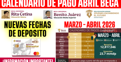 CALENDARIO de PAGO Abril Beca Benito Juarez, Rita Cetina, JEEF TENTATIVO y PAGO DOBLE CONFIRMADO