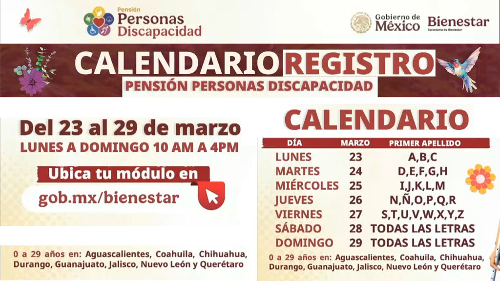 CALENDARIO de REGISTRO Pensión DISCAPACIDAD MARZO 2026 FECHA del 23 al 29