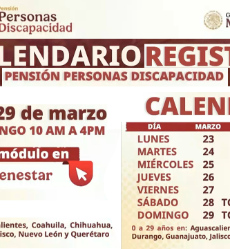 CALENDARIO de REGISTRO Pensión DISCAPACIDAD MARZO 2026 FECHA del 23 al 29