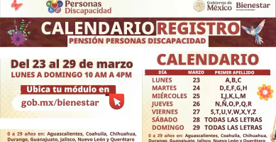 CALENDARIO de REGISTRO Pensión DISCAPACIDAD MARZO 2026 FECHA del 23 al 29