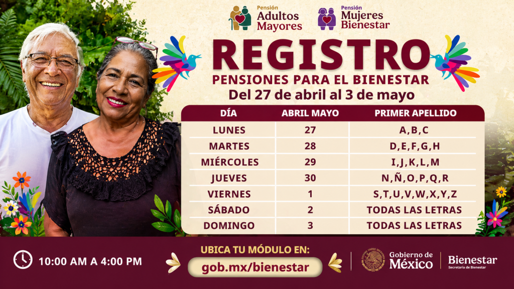 calendario oficial de regisgtro abril y mayo adultos mayores y mujeres bienestar