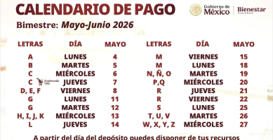 CALENDARIO DE PAGO PENSION BIENESTAR MAYO - JUNIO 2026