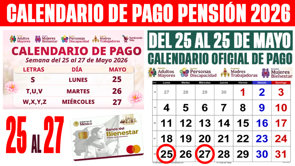 Calendario de Pagos Pension Bienestar del 25 al 27 de Mayo 2026 Letras que Cobran