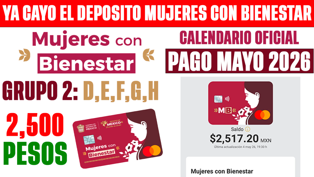 PAGO MUJERES CON BIENESTAR MAYO 2026 GRUPO 2 POR LETRA D E F G H RECIBES 2500 PESOS