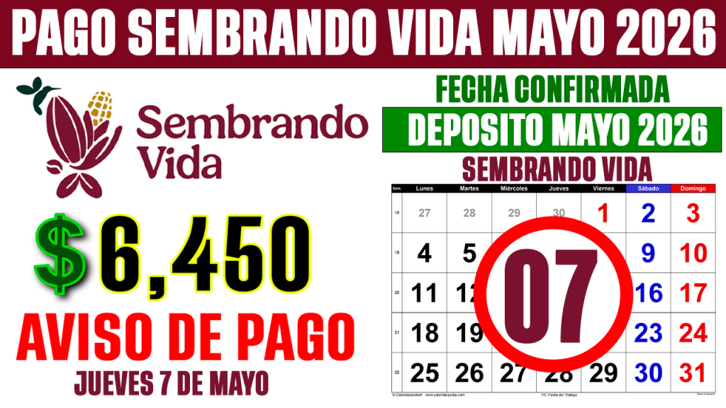 PAGO Sembrando Vida MAYO 2026 6450 EL 7 DE MAYO FECHA OFICIA