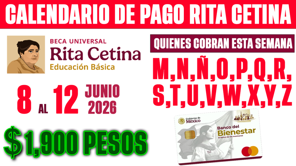 Calendario Semanal de Pago Beca Rita Cetina 2026 Quien Cobra del 8 al 12 de Junio