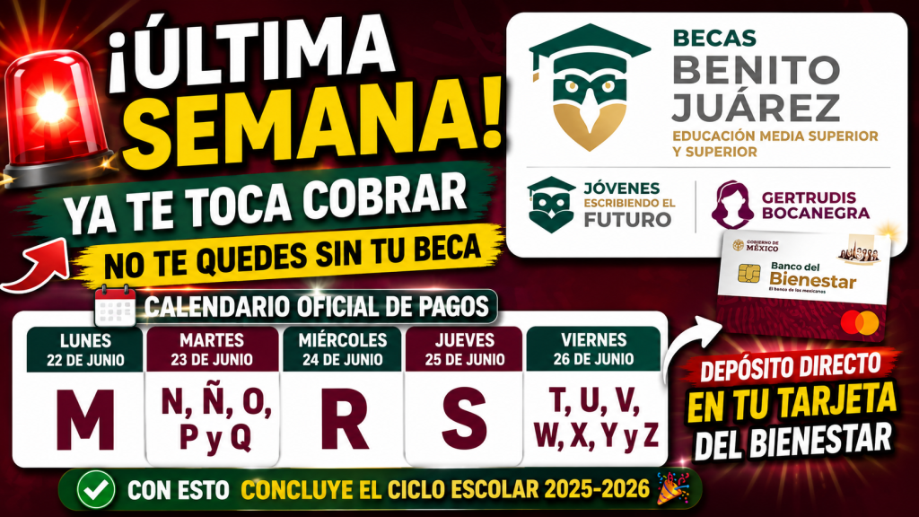 Última semana de PAGO Beca Benito Juárez, JEEF y Gertrudis Bocanegra del 22 al 26 de Junio de 2026