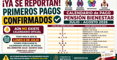 CALENDARIO de PAGO Pensión Bienestar JULIO AGOSTO 2026 Adultos Mayores, Mujeres Bienestar, Discapacidad y Madres Trabajadoras