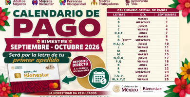 CALENDARIO de PAGOS Pension Bienestar septiembre-octubre 2026 fechas por letra
