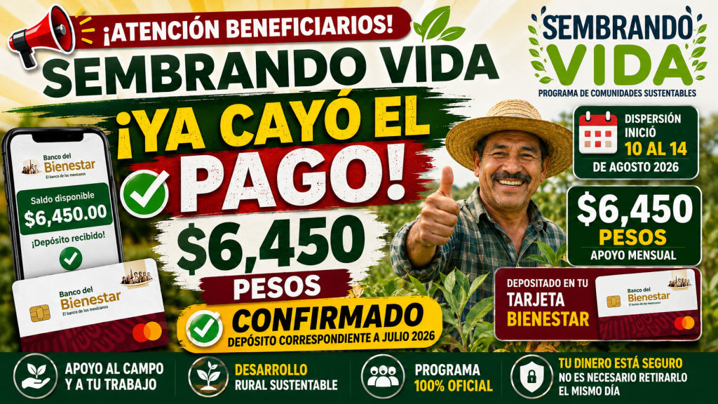PAGO Sembrando Vida AGOSTO 2026 CONFIRMADO recibes 6450 en tu Tarjeta Bienestar