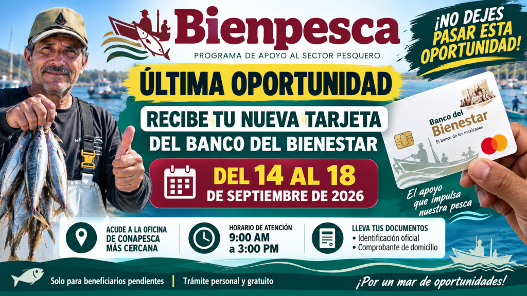 Bienpesca 2026 ultima oportunidad para recoger la nueva Tarjeta del Banco del Bienestar del 14 al 18 de septiembre